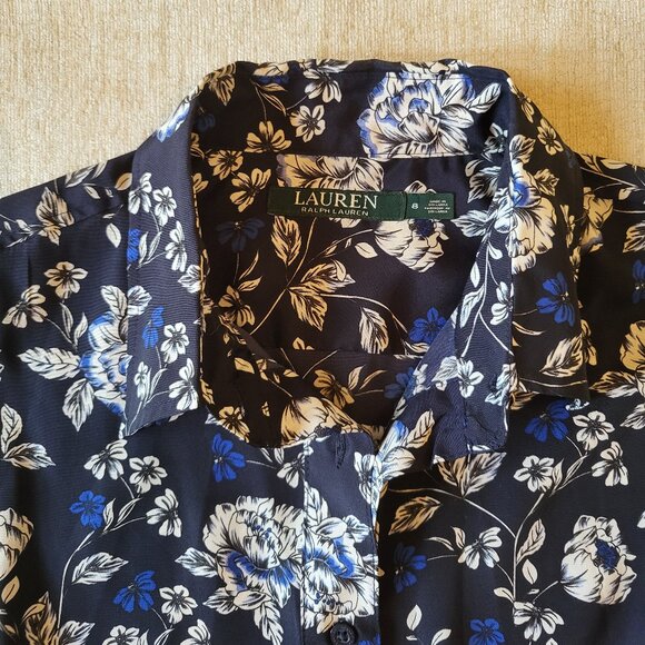 Ralph Lauren Navy Blue Floral Print Long-Sleeves Shirt Dress - Picture 5 of 6